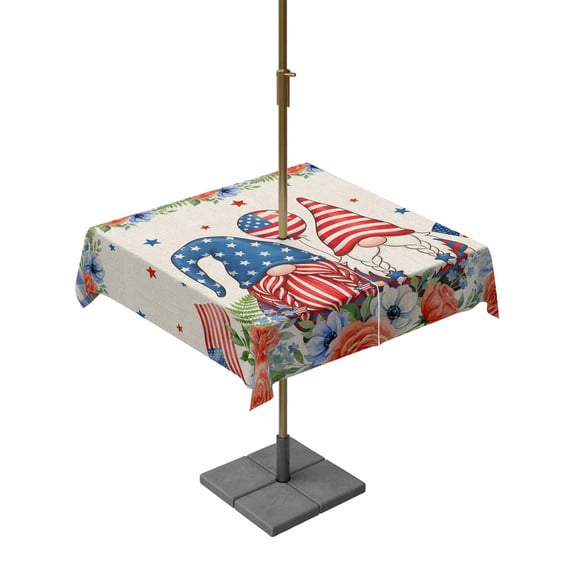 Outdoor Tablecloth with Umbrella Hole for Patio/Picnic/Party/Camping, Independence Day Waterproof Table Cloth Square Cover Washable, Gnomes American Flag Flowers Retro Blue Plaid (60"x 60")