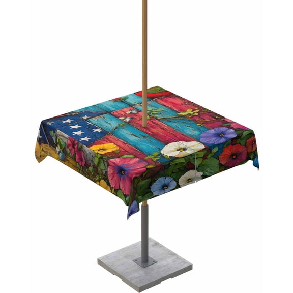 Outdoor Tablecloth with Umbrella Hole for Patio/Picnic/Party/Camping, Independence Day Waterproof Table Cloth Square Cover Washable, Red Blue Star Stripe Poppy Flower 54"x 54"