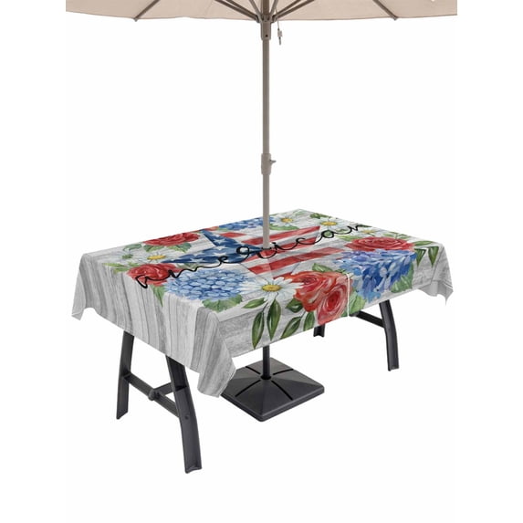 Outdoor Tablecloth with Umbrella Hole for Patio/Picnic/Party/Camping, Independence Day Wreath Waterproof Table Cloth Rectangle Table Cover Washable, Spring Red Roused Grey Wooden (60"x 102")