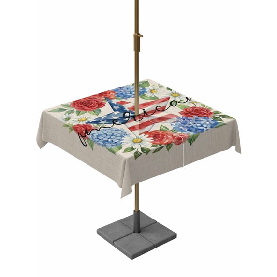 Outdoor Tablecloth with Umbrella Hole for Patio/Picnic/Party/Camping, Independence Day Wreath Waterproof Table Cloth Square Cover Washable, Spring Red Roused Linen (54"x 54")