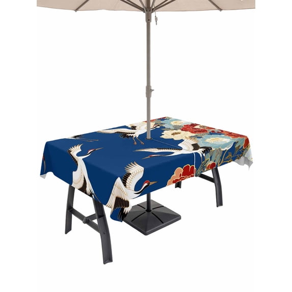 Outdoor Tablecloth with Umbrella Hole for Patio/Picnic/Party/Camping, Japanese Style Waterproof Table Cloth Rectangle Table Cover Washable, Blue Rustic Botanical Blossom Peony Birds (60"x 120")