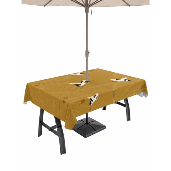 Outdoor Tablecloth with Umbrella Hole for Patio/Picnic/Party/Camping, Japanese Style Waterproof Table Cloth Rectangle Table Cover Washable, Vintage Art Cranes Ocean Wave Yellow (60"x 84")