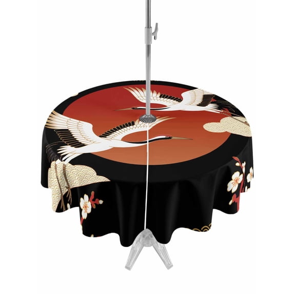 Outdoor Tablecloth with Umbrella Hole for Patio/Picnic/Party/Camping, Japanese Style Waterproof Table Cloth Round Cover Washable, Modern Cranes Cherry Flower Wave Red Brown (Dia 60")
