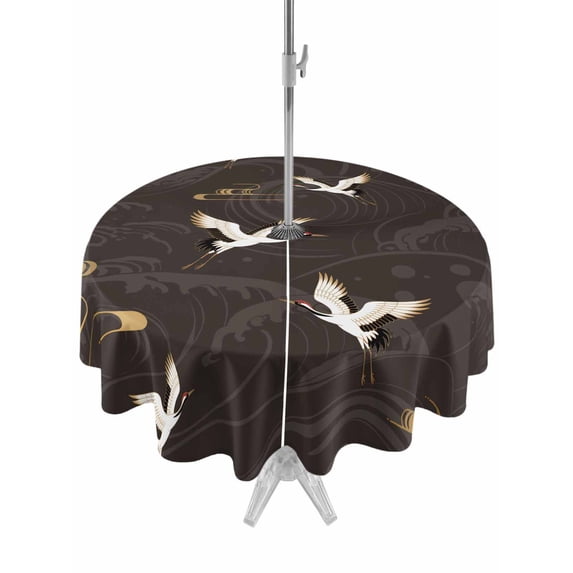 Outdoor Tablecloth with Umbrella Hole for Patio/Picnic/Party/Camping, Japanese Style Waterproof Table Cloth Round Cover Washable, Vintage Cranes Ocean Wave Black Grey (Dia 54")