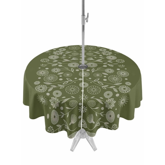 Outdoor Tablecloth with Umbrella Hole for Patio/Picnic/Party/Camping, Japanese Waterproof Table Cloth Round Cover Washable, Green Rustic Retro Pastoral Floral Leaves (Dia 54")