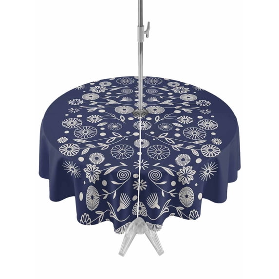 Outdoor Tablecloth with Umbrella Hole for Patio/Picnic/Party/Camping, Japanese Waterproof Table Cloth Round Cover Washable, Navy Blue Country Flowers Leaves Aesthetic (Dia 54")