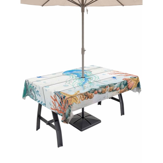 Outdoor Tablecloth with Umbrella Hole for Patio/Picnic/Party/Camping, Jellyfish Coastal Waterproof Table Cloth Rectangle Table Cover Washable, Summer Nautical Starfish Coral Grey Wooden (60"x 84")