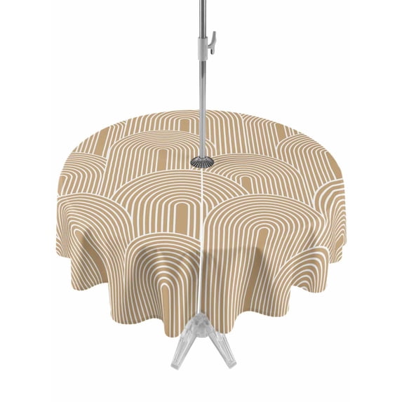 Outdoor Tablecloth with Umbrella Hole for Patio/Picnic/Party/Camping, Khaki Boho Waterproof Table Cloth Round Cover Washable, Middle Century Modern Abstract Art (Dia 60")