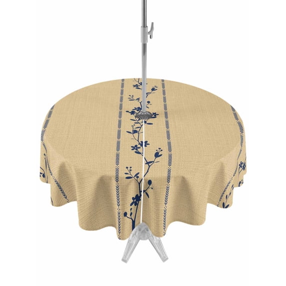 Outdoor Tablecloth with Umbrella Hole for Patio/Picnic/Party/Camping, Khaki Flower Branch Waterproof Table Cloth Round Cover Washable, Spring Summer Farmhouse Botanical (Dia 60")