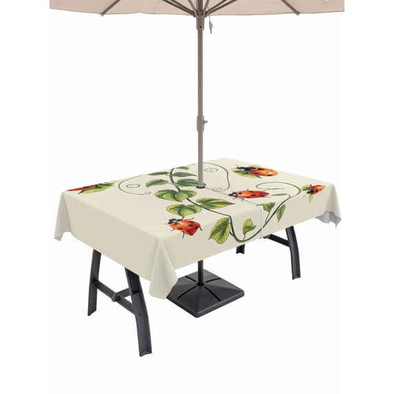 Outdoor Tablecloth with Umbrella Hole for Patio/Picnic/Party/Camping, Ladybugs Eucalyptus Waterproof Table Cloth Rectangle Table Cover Washable, Spring Botanical Leaves Green (54"x 80")