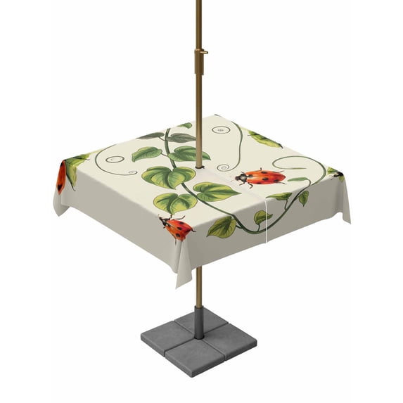 Outdoor Tablecloth with Umbrella Hole for Patio/Picnic/Party/Camping, Ladybugs Eucalyptus Waterproof Table Cloth Square Cover Washable, Spring Botanical Leaves Green (60"x 60")