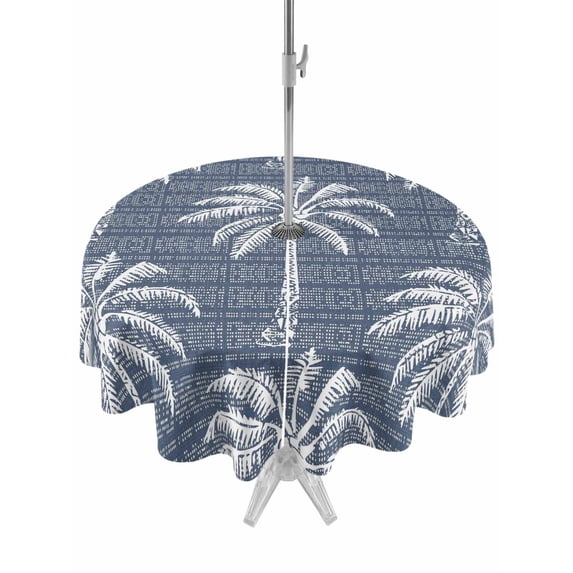 Outdoor Tablecloth with Umbrella Hole for Patio/Picnic/Party/Camping, Lake Blue Palm Tree Waterproof Table Cloth Round Cover Washable, Summer Botanical Tropical Tree (Dia 60")
