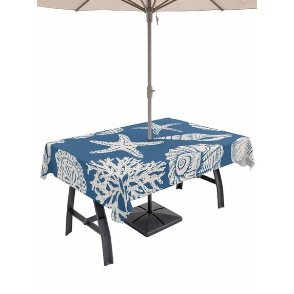 Outdoor Tablecloth with Umbrella Hole for Patio/Picnic/Party/Camping, Lake Blue Starfish Coastal Waterproof Table Cloth Rectangle Table Cover Washable, Shell Summer Beach Nautical (60"x 120")