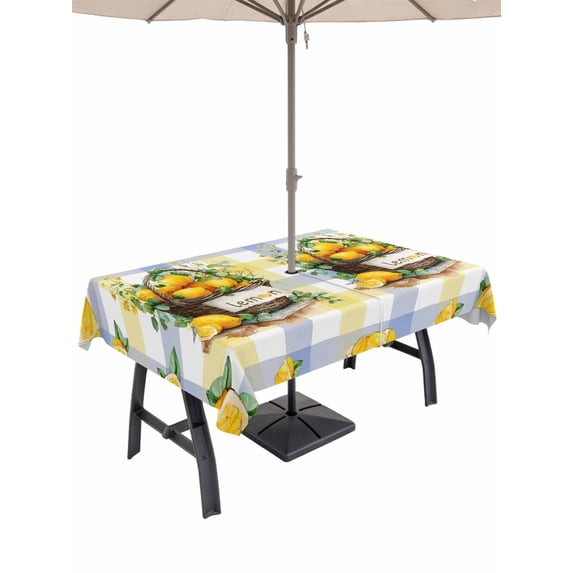 Outdoor Tablecloth with Umbrella Hole for Patio/Picnic/Party/Camping, Lemon Basket Summer Waterproof Table Cloth Rectangle Table Cover Washable, Eucalyptus Blue Yellow Plaid (60"x 120")