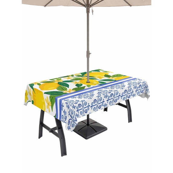 Outdoor Tablecloth with Umbrella Hole for Patio/Picnic/Party/Camping, Lemon Botanical Waterproof Table Cloth Rectangle Table Cover Washable, Summer Fruit Leaves Blue Floral (52"x 70")