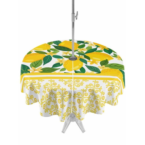 Outdoor Tablecloth with Umbrella Hole for Patio/Picnic/Party/Camping, Lemon Botanical Waterproof Table Cloth Round Cover Washable, Summer Fruit Leaves Yellow Floral (Dia 60")