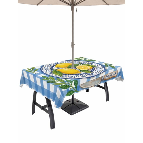 Outdoor Tablecloth with Umbrella Hole for Patio/Picnic/Party/Camping, Lemon Floral Summer Waterproof Table Cloth Rectangle Table Cover Washable, Blue Plaid Leaves Flower (52"x 70")
