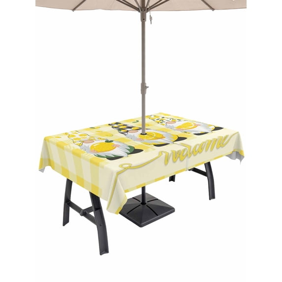 Outdoor Tablecloth with Umbrella Hole for Patio/Picnic/Party/Camping, Lemon Gnomes Waterproof Table Cloth Rectangle Table Cover Washable, Summer Botanical Fruit Yellow Buffalo Plaid (60"x 120")