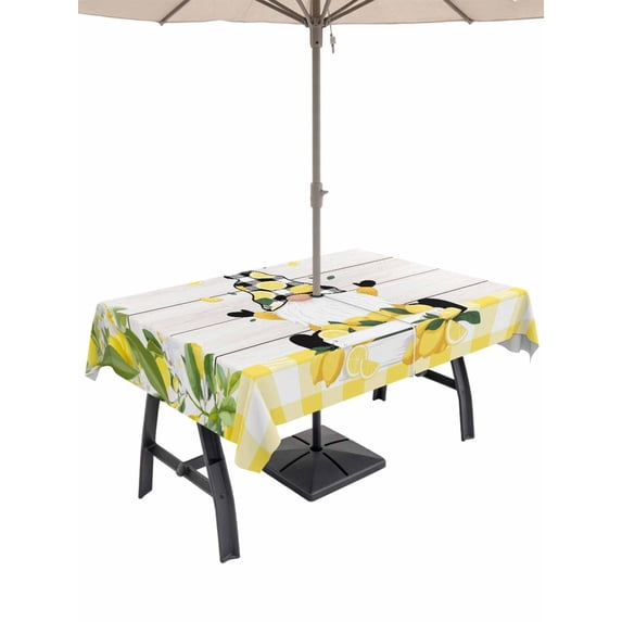 Outdoor Tablecloth with Umbrella Hole for Patio/Picnic/Party/Camping, Lemon Gnomes Waterproof Table Cloth Rectangle Table Cover Washable, Summer Botanical Fruit Wooden Grain Plaid (54"x 80")