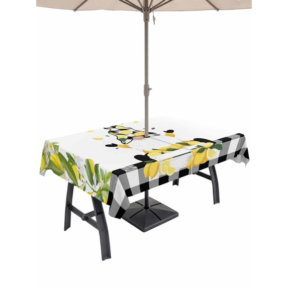 Outdoor Tablecloth with Umbrella Hole for Patio/Picnic/Party/Camping, Lemon Gnomes Waterproof Table Cloth Rectangle Table Cover Washable, Summer Botanical Yellow Fruit Black Lattice (60"x 120")