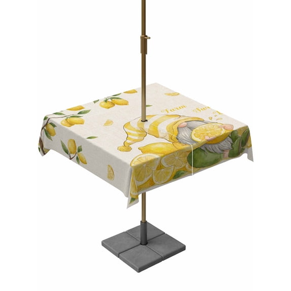Outdoor Tablecloth with Umbrella Hole for Patio/Picnic/Party/Camping, Lemon Gnomes Waterproof Table Cloth Square Cover Washable, RusticSummer Tropical Fruits Lemon (54"x 54")