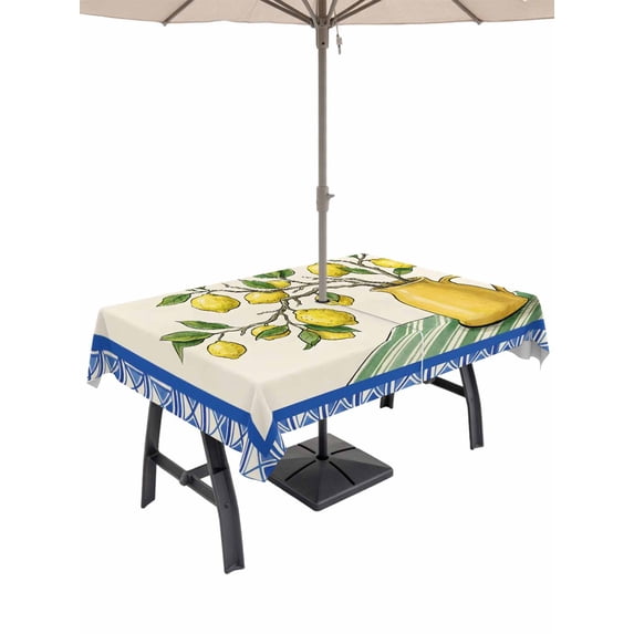 Outdoor Tablecloth with Umbrella Hole for Patio/Picnic/Party/Camping, Lemon Vase Summer Waterproof Table Cloth Rectangle Table Cover Washable, Fruits Green Striped Blue Lave (54"x 80")