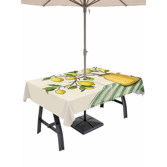 Outdoor Tablecloth with Umbrella Hole for Patio/Picnic/Party/Camping, Lemon Vase Summer Waterproof Table Cloth Rectangle Table Cover Washable, Spring Fruits Green Striped (60"x 84")