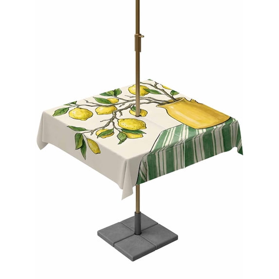 Outdoor Tablecloth with Umbrella Hole for Patio/Picnic/Party/Camping, Lemon Vase Summer Waterproof Table Cloth Square Cover Washable, Spring Fruits Green Striped (60"x 60")