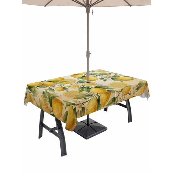 Outdoor Tablecloth with Umbrella Hole for Patio/Picnic/Party/Camping, Lemon Waterproof Table Cloth Rectangle Table Cover Washable, Farmhouse Vintage Summer Retro Fruits Yellow Brown (52"x 70")