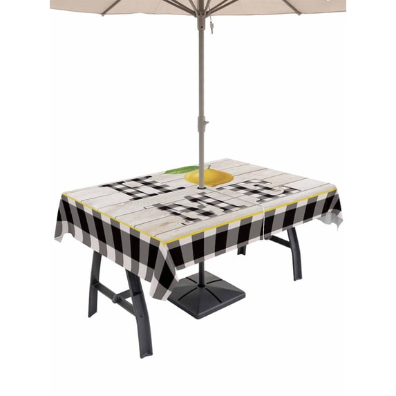 Outdoor Tablecloth with Umbrella Hole for Patio/Picnic/Party/Camping, Lemon Waterproof Table Cloth Rectangle Table Cover Washable, Summer Botanical Black White Plaid Pastoral Wooden (60"x 120")