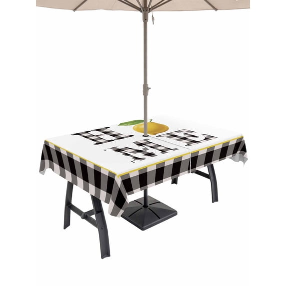Outdoor Tablecloth with Umbrella Hole for Patio/Picnic/Party/Camping, Lemon Waterproof Table Cloth Rectangle Table Cover Washable, Summer Botanical Black White Plaid Pastoral (60"x 84")