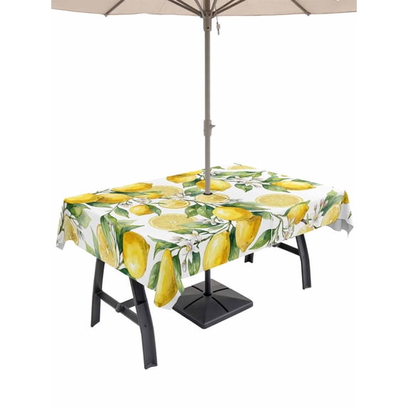 Outdoor Tablecloth with Umbrella Hole for Patio/Picnic/Party/Camping, Lemon Waterproof Table Cloth Rectangle Table Cover Washable, Yellow Fruits Summer Watercolor Botanical Leaf Plant (60"x 120")