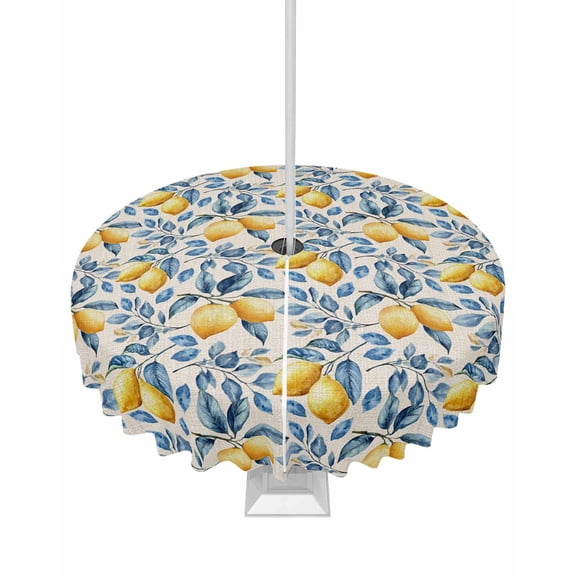 Outdoor Tablecloth with Umbrella Hole for Patio/Picnic/Party/Camping, Lemon Waterproof Table Cloth Round Cover Washable, Spring Summer Pastoral Fruit Leaf Branch Dia 60"