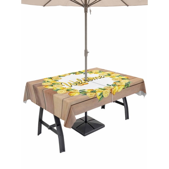 Outdoor Tablecloth with Umbrella Hole for Patio/Picnic/Party/Camping, Lemon Wreath Waterproof Table Cloth Rectangle Table Cover Washable, Summer Yellow Fruit Leaves Wooden Grain (60"x 84")