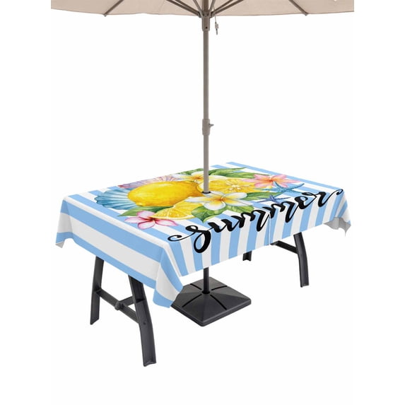 Outdoor Tablecloth with Umbrella Hole for Patio/Picnic/Party/Camping, Lemons Coastal Waterproof Table Cloth Rectangle Table Cover Washable, Summer Botanical Floral Striped Farmhouse (60"x 102")