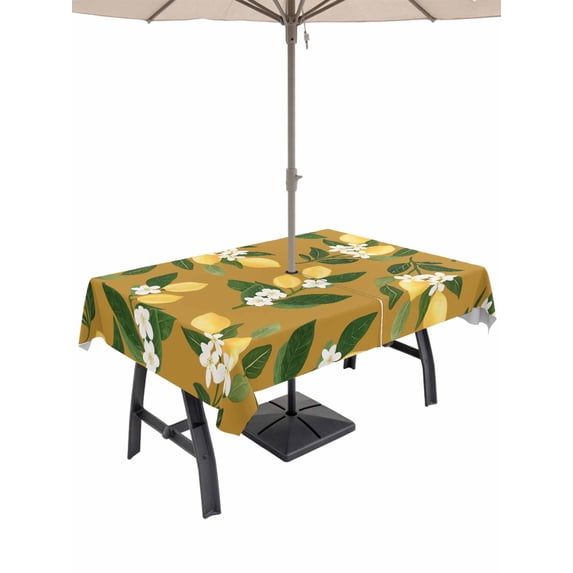 Outdoor Tablecloth with Umbrella Hole for Patio/Picnic/Party/Camping, Lemons Leaves Waterproof Table Cloth Rectangle Table Cover Washable, Summer Fruits Floral Botanical Brown (60"x 84")