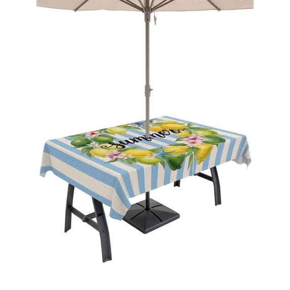 Outdoor Tablecloth with Umbrella Hole for Patio/Picnic/Party/Camping, Lemons Striped Waterproof Table Cloth Rectangle Table Cover Washable, Summer Botanical Stripes Farmhouse Rustic (54"x 80")