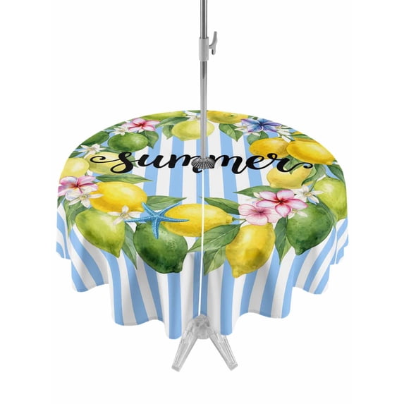 Outdoor Tablecloth with Umbrella Hole for Patio/Picnic/Party/Camping, Lemons Striped Waterproof Table Cloth Round Cover Washable, Summer Botanical Stripes Farmhouse Watercolor (Dia 54")