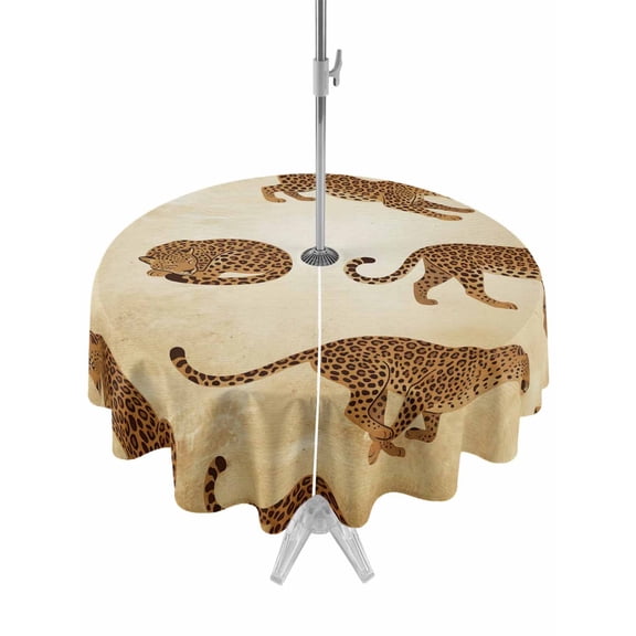 Outdoor Tablecloth with Umbrella Hole for Patio/Picnic/Party/Camping, Leopard Waterproof Table Cloth Round Cover Washable, Vintage Primitive Animals (Dia 60")