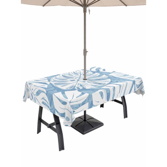 Outdoor Tablecloth with Umbrella Hole for Patio/Picnic/Party/Camping, Light Blue Monstera Deliciosa Waterproof Table Cloth Rectangle Table Cover Washable, Summer Botanical Tropical (52"x 70")