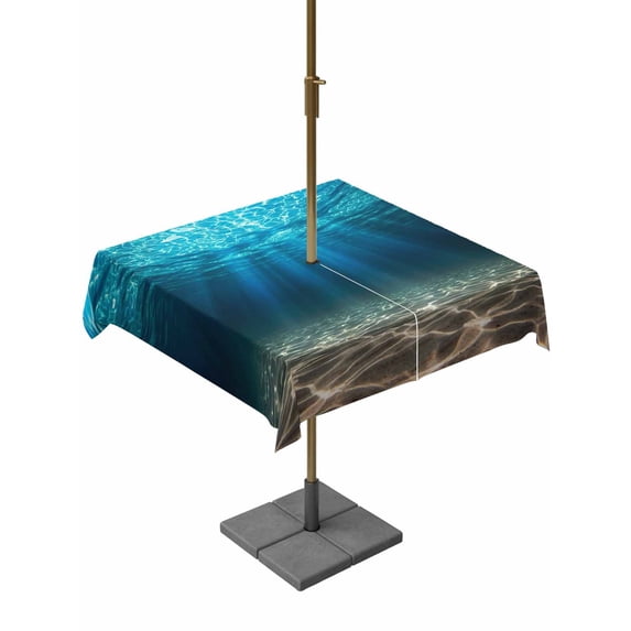 Outdoor Tablecloth with Umbrella Hole for Patio/Picnic/Party/Camping, Light Blue Ocean Waves Waterproof Table Cloth Square Cover Washable, Summer Beach Coastal Abstract (54"x 54")
