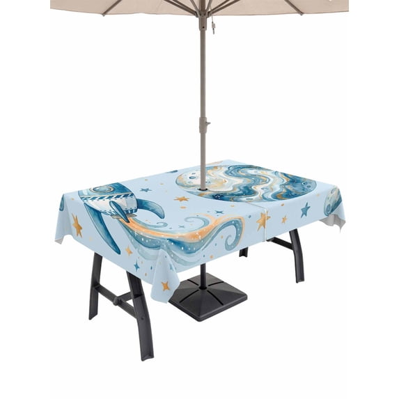 Outdoor Tablecloth with Umbrella Hole for Patio/Picnic/Party/Camping, Light Blue Space Rocket Waterproof Table Cloth Rectangle Table Cover Washable, Modena Abstract Universe Planet (52"x 70")