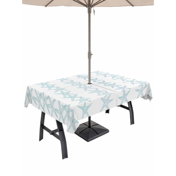 Outdoor Tablecloth with Umbrella Hole for Patio/Picnic/Party/Camping, Light Blue Starfish Coastal Waterproof Table Cloth Rectangle Table Cover Washable, Nautical Summer Ocean Modern (52"x 70")