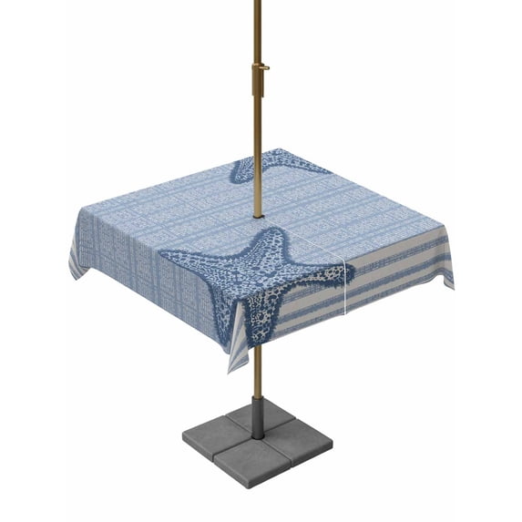 Outdoor Tablecloth with Umbrella Hole for Patio/Picnic/Party/Camping, Light Blue Starfish Waterproof Table Cloth Square Cover Washable, Coastal Summer Beach Ocean Striped (60"x 60")