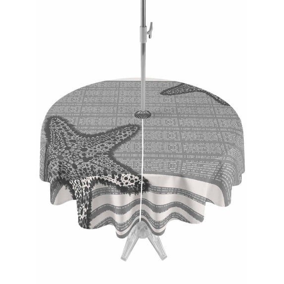 Outdoor Tablecloth with Umbrella Hole for Patio/Picnic/Party/Camping, Light Gray Starfish Waterproof Table Cloth Round Cover Washable, Coastal Summer Beach Ocean Striped (Dia 60")