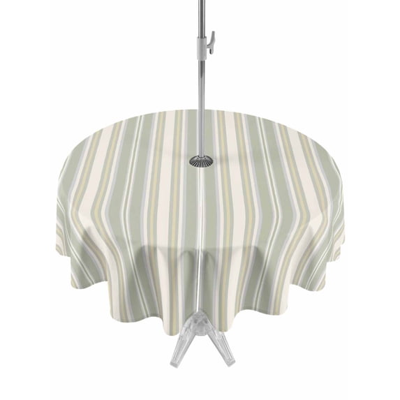 Outdoor Tablecloth with Umbrella Hole for Patio/Picnic/Party/Camping, Light Green Lines Waterproof Table Cloth Round Cover Washable, Retro Minimalist Stripes Pattern (Dia 54")