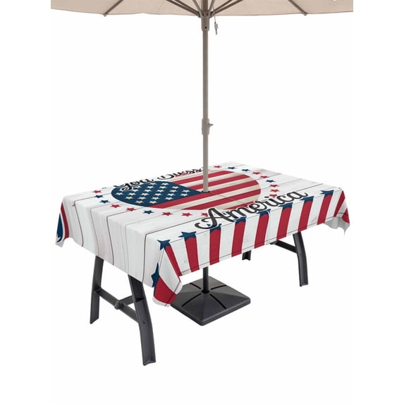 Outdoor Tablecloth with Umbrella Hole for Patio/Picnic/Party/Camping, Love Heart Independence Day Waterproof Table Cloth Rectangle Table Cover Washable, 4th of July Stars Wooden (60"x 102")