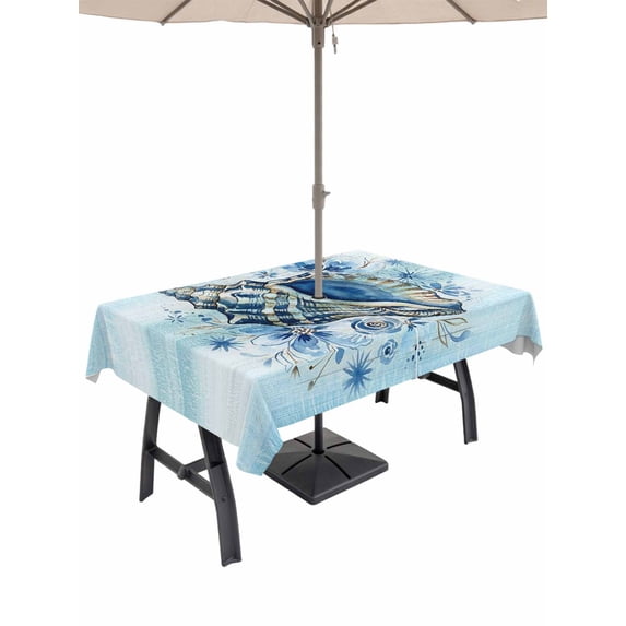 Outdoor Tablecloth with Umbrella Hole for Patio/Picnic/Party/Camping, Marine Conch Waterproof Table Cloth Rectangle Table Cover Washable, Summer Underwater Coastal Ocean Watercolor Blue (60"x 102")