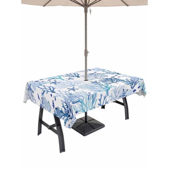 Outdoor Tablecloth with Umbrella Hole for Patio/Picnic/Party/Camping, Marine Coral Waterproof Table Cloth Rectangle Table Cover Washable, Coastal Ocean Underwater Starfish Summer Blue (54"x 80")