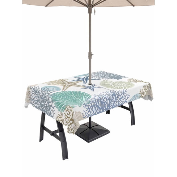 Outdoor Tablecloth with Umbrella Hole for Patio/Picnic/Party/Camping, Marine Life Waterproof Table Cloth Rectangle Table Cover Washable, Summer Coastal Nautical Coral Conch Seashells (60"x 102")